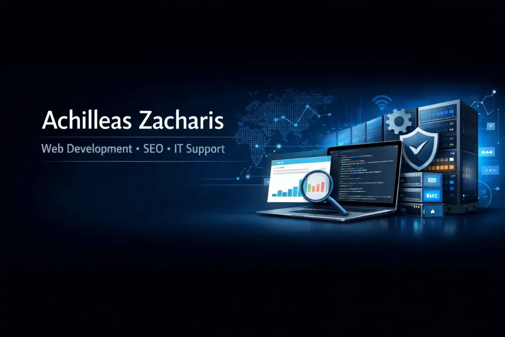 Επαγγελματικό banner Achilleas Zacharis με laptop, server και στοιχεία SEO